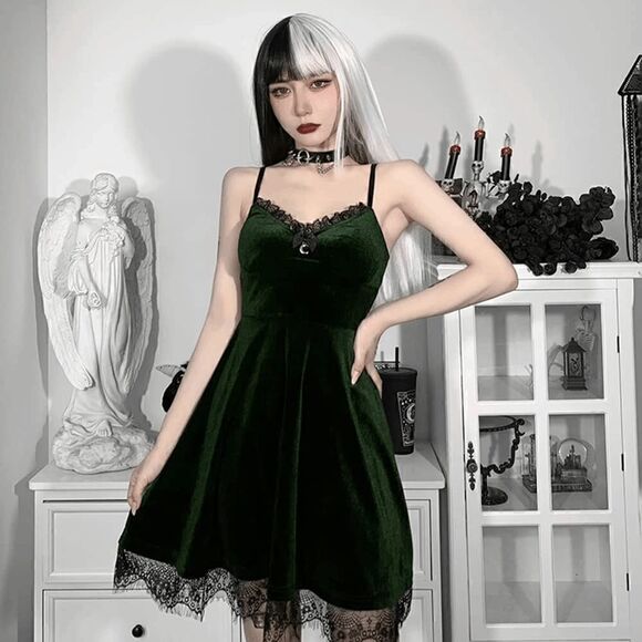 Gothic Lolita Vintage Retro Lace Trim Green Velvet Party Slip Dress SIZE L NEW - Picture 11 of 16